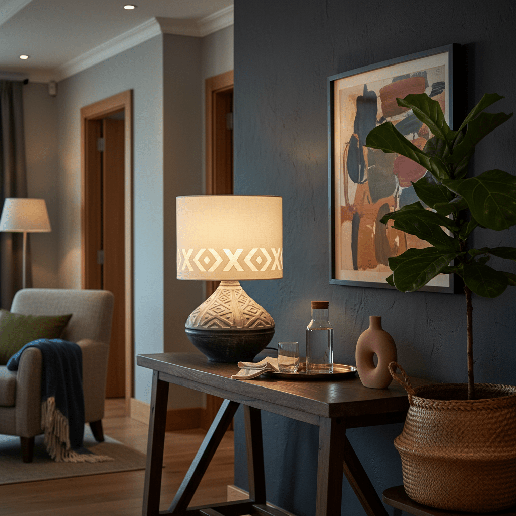 Bali Grey Table Lamp on a wooden side table, surrounded by decor items and a plant, creating a cozy atmosphere.