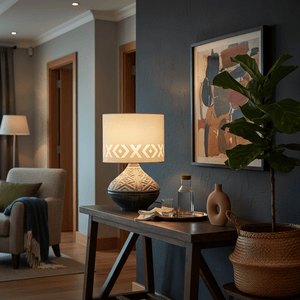 Bali Grey Table Lamp on a wooden side table, surrounded by decor items and a plant, creating a cozy atmosphere.