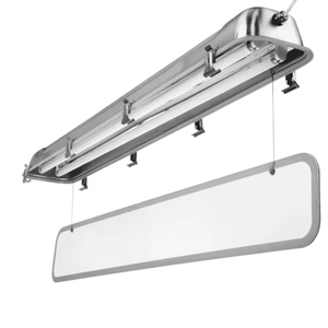 Stainless steel T8 LED light fixture on a white background