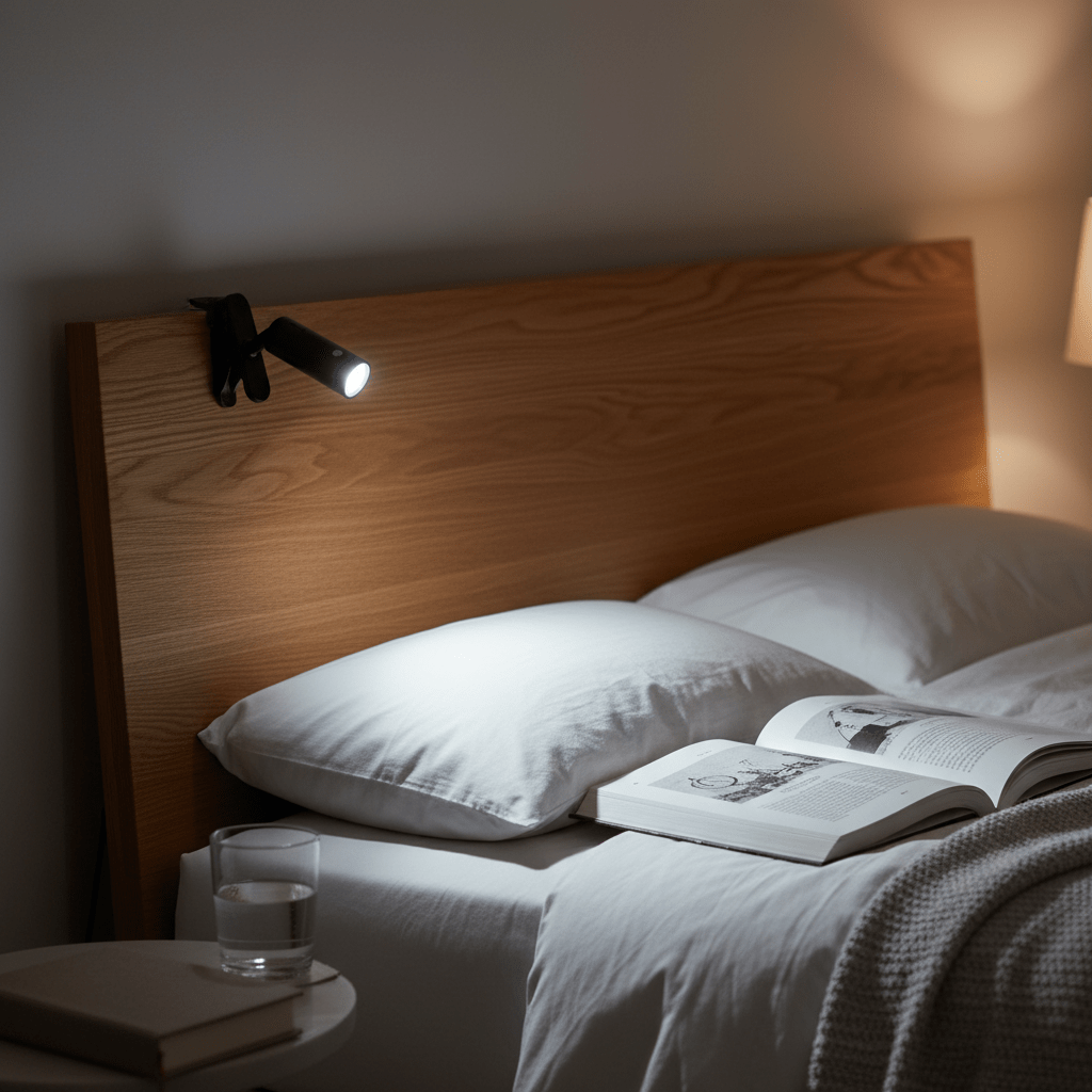 Rechargeable desk lamp clipped to a wooden headboard, illuminating an open book on a bed.