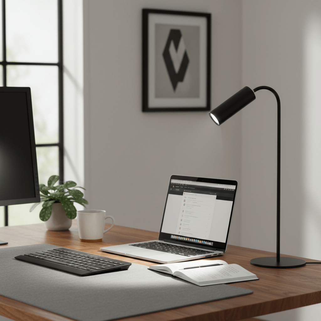A sleek desk lamp illuminating a workspace with a laptop, keyboard, and notebook on a wooden table.
