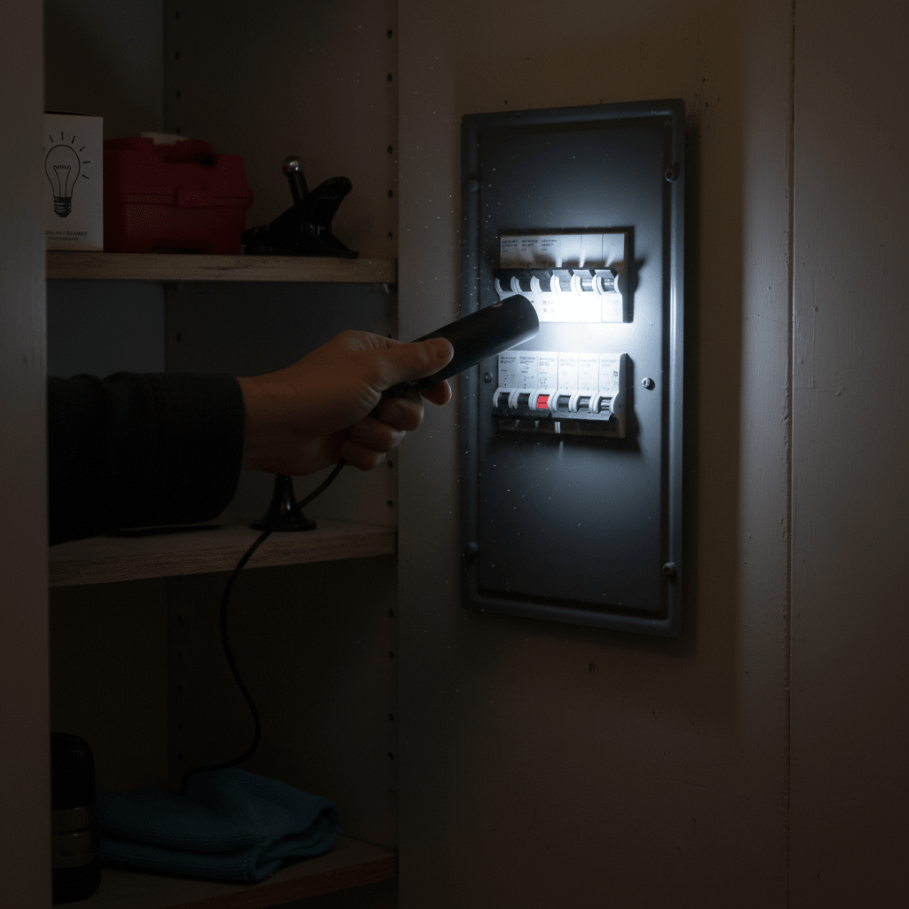 A hand holding a rechargeable desk lamp, illuminating a circuit breaker in a dimly lit space.