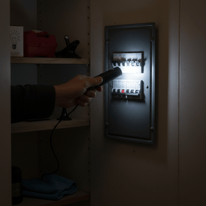 A hand holding a rechargeable desk lamp, illuminating a circuit breaker in a dimly lit space.
