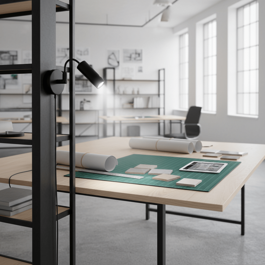 A sleek desk lamp mounted on a shelf, illuminating a workspace with a green cutting mat and materials.