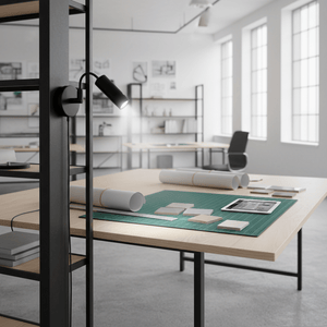 A sleek desk lamp mounted on a shelf, illuminating a workspace with a green cutting mat and materials.