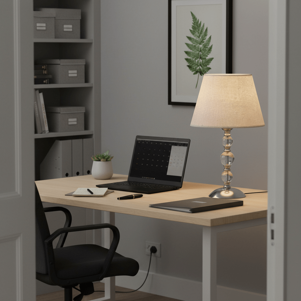 A stylish table lamp with a hessian shade on a desk beside a laptop and stationery, creating a warm workspace.