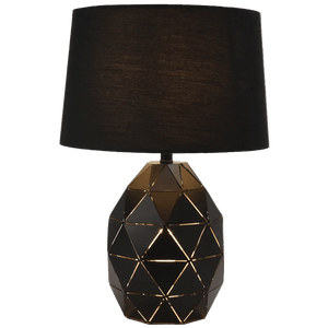 Black geometric table lamp with cut‑out metal base and black fabric shade, gold trim, against plain background