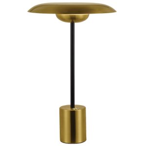 Gold table lamp with a black central stem on a white background