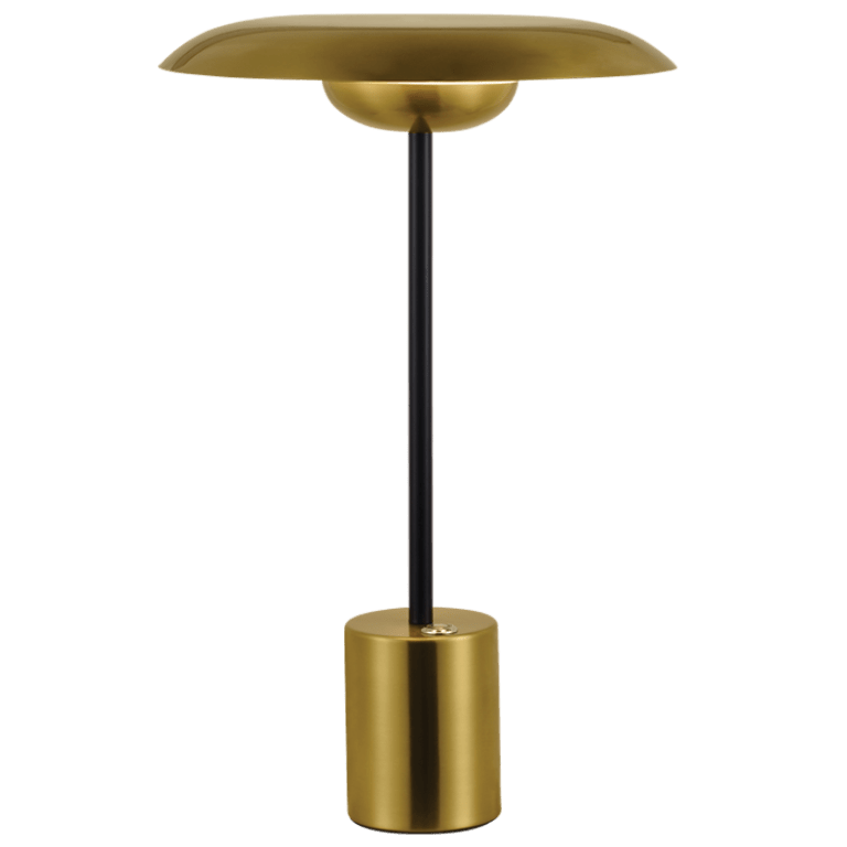 Gold table lamp with a black central stem on a white background