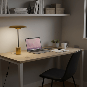 Modern home office desk with laptop, lamp, and mug in a dimly lit room.