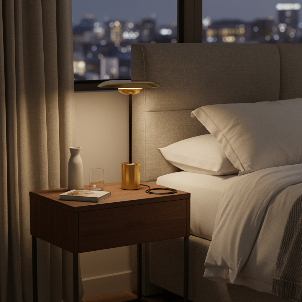 Modern bedroom with a bed and nightstand featuring a lamp and decorative items.