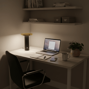 Dark room with a desk setup featuring a laptop, lamp, mug, and plant.