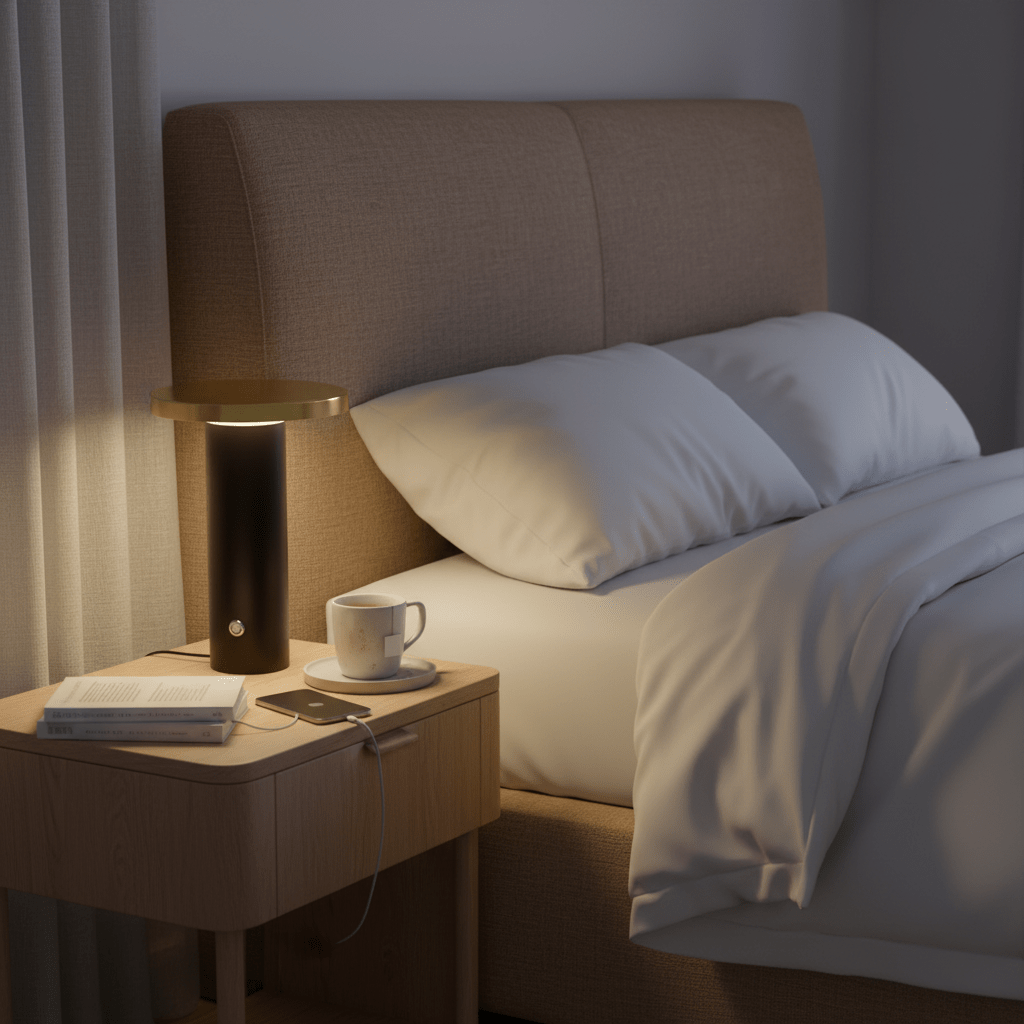Bedroom scene with a nightstand next to a bed, featuring a cup, phone, and tablet.