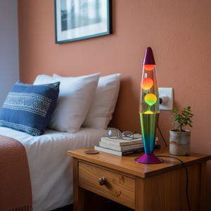 Colorful lava lamp on a wooden bedside table next to a bed with pillows and books.