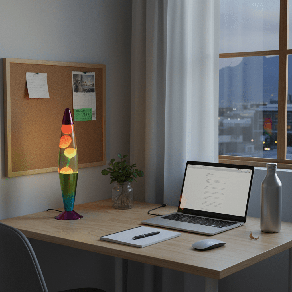 Colorful lava lamp on a desk beside a laptop, with a corkboard and plant in the background.