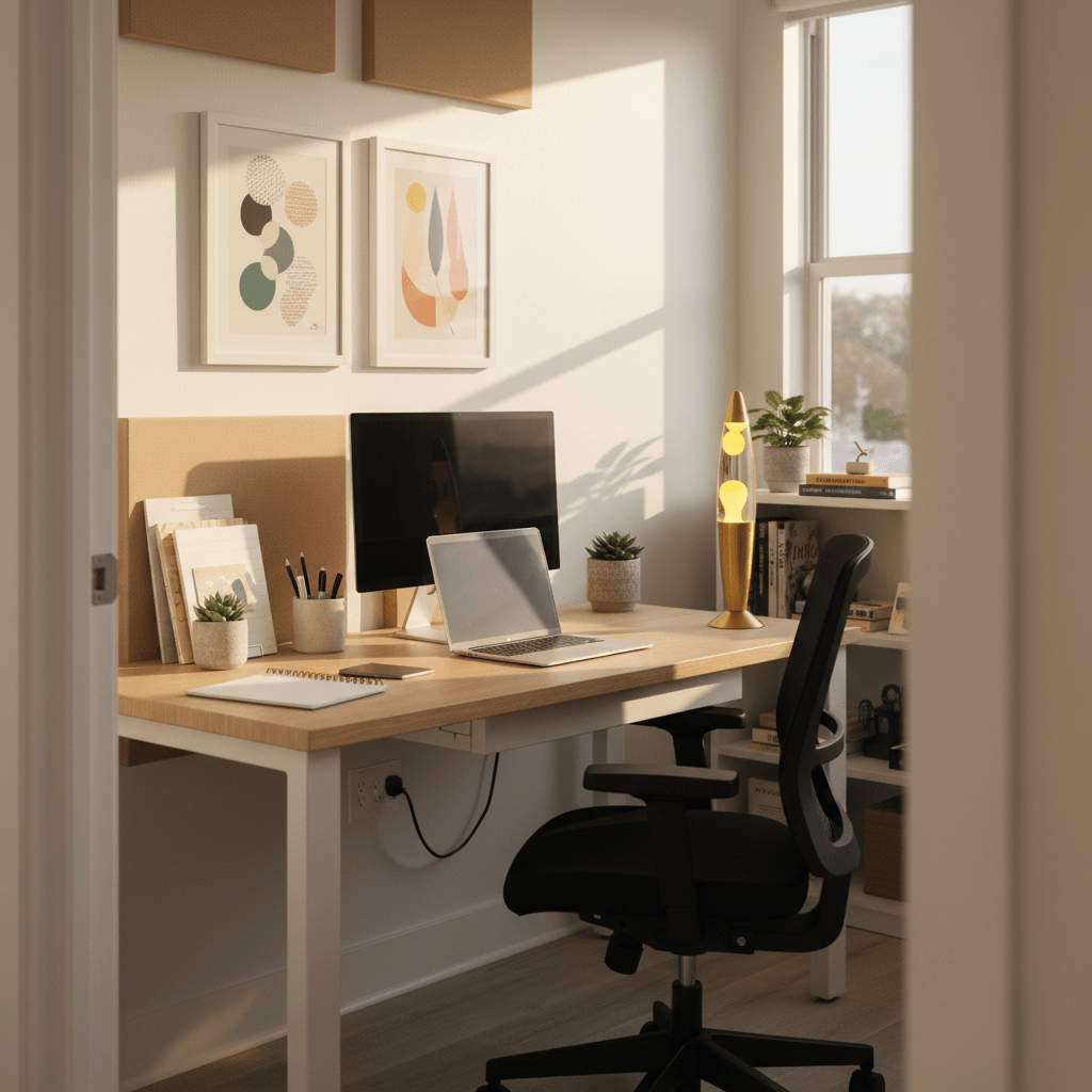 Home office setup with a yellow lava lamp on a wooden desk, surrounded by a laptop, monitor, and potted plants.