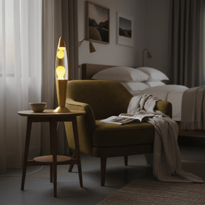 Yellow lava lamp on a wooden side table beside a green armchair in a cozy bedroom setting, with soft lighting and decor.