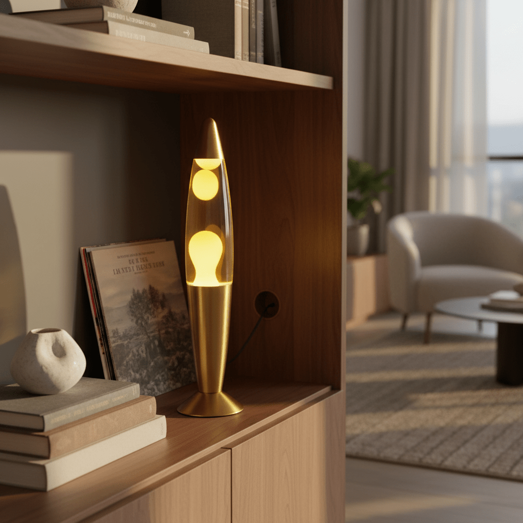 Yellow lava lamp on a wooden shelf, surrounded by books and decor, casting a warm glow in a cozy living room setting.