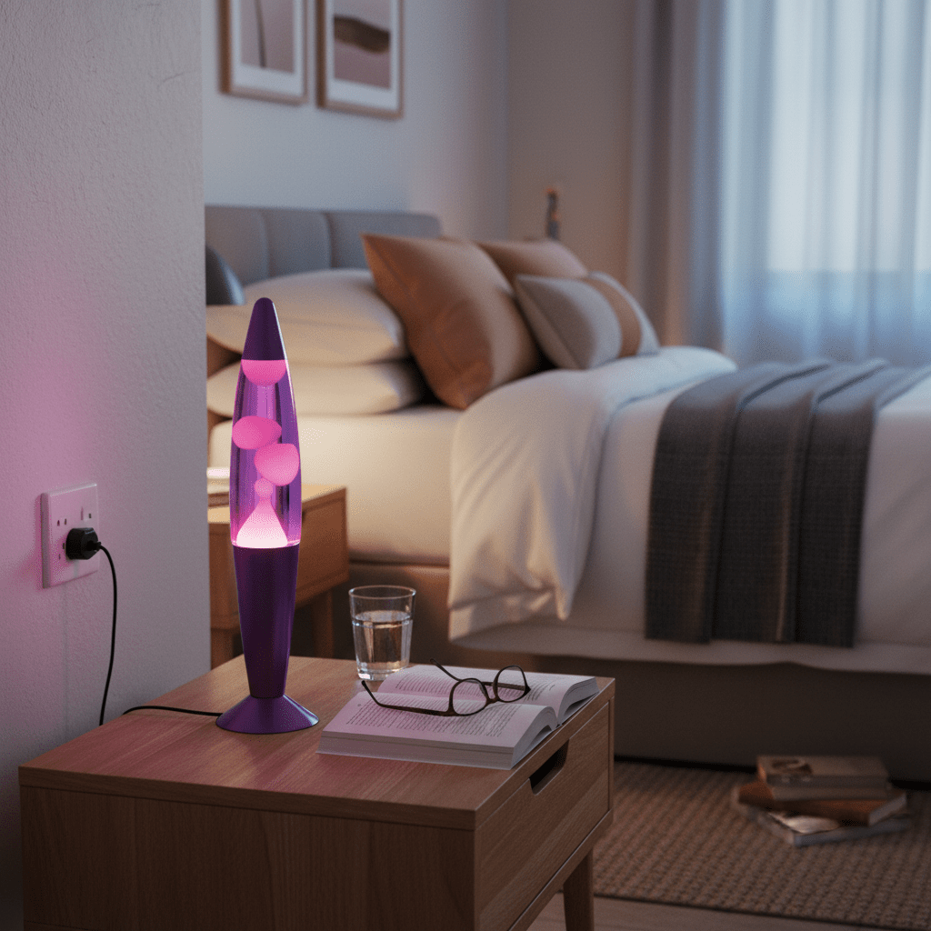 Purple lava lamp on a bedside table, casting a soft glow in a cozy bedroom setting with a bed, pillows, and a glass of water.