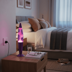 Purple lava lamp on a bedside table, casting a soft glow in a cozy bedroom setting with a bed, pillows, and a glass of water.