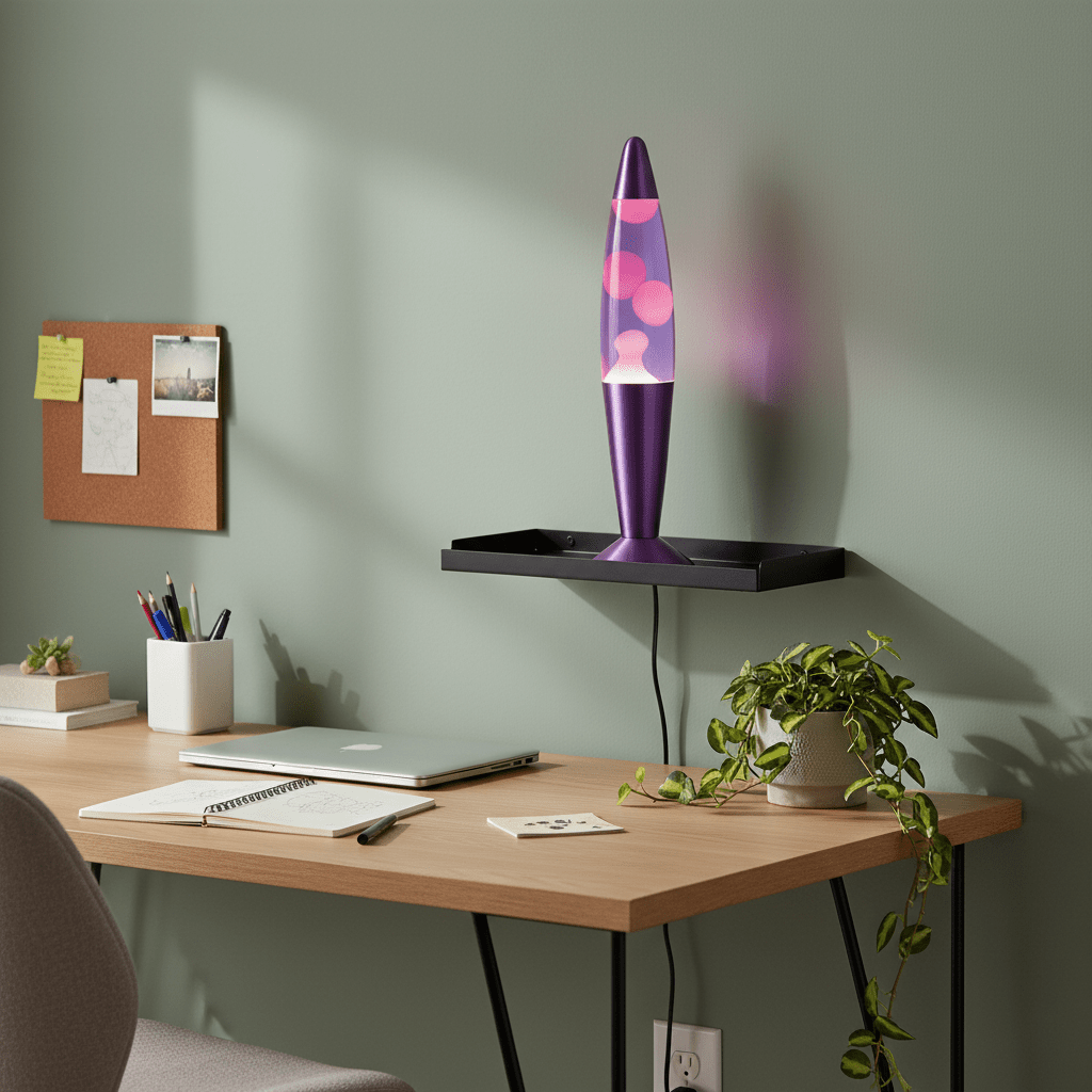 Purple lava lamp on a wall-mounted shelf above a desk with a laptop, notebook, and plant, creating a calming workspace