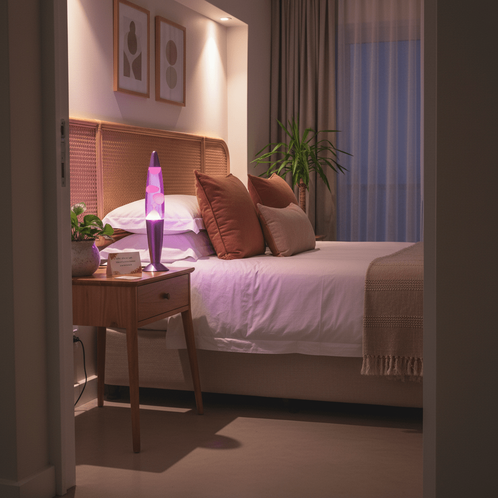 Purple lava lamp on a bedside table in a cozy bedroom setting, casting a soft glow over the bed and surrounding decor.