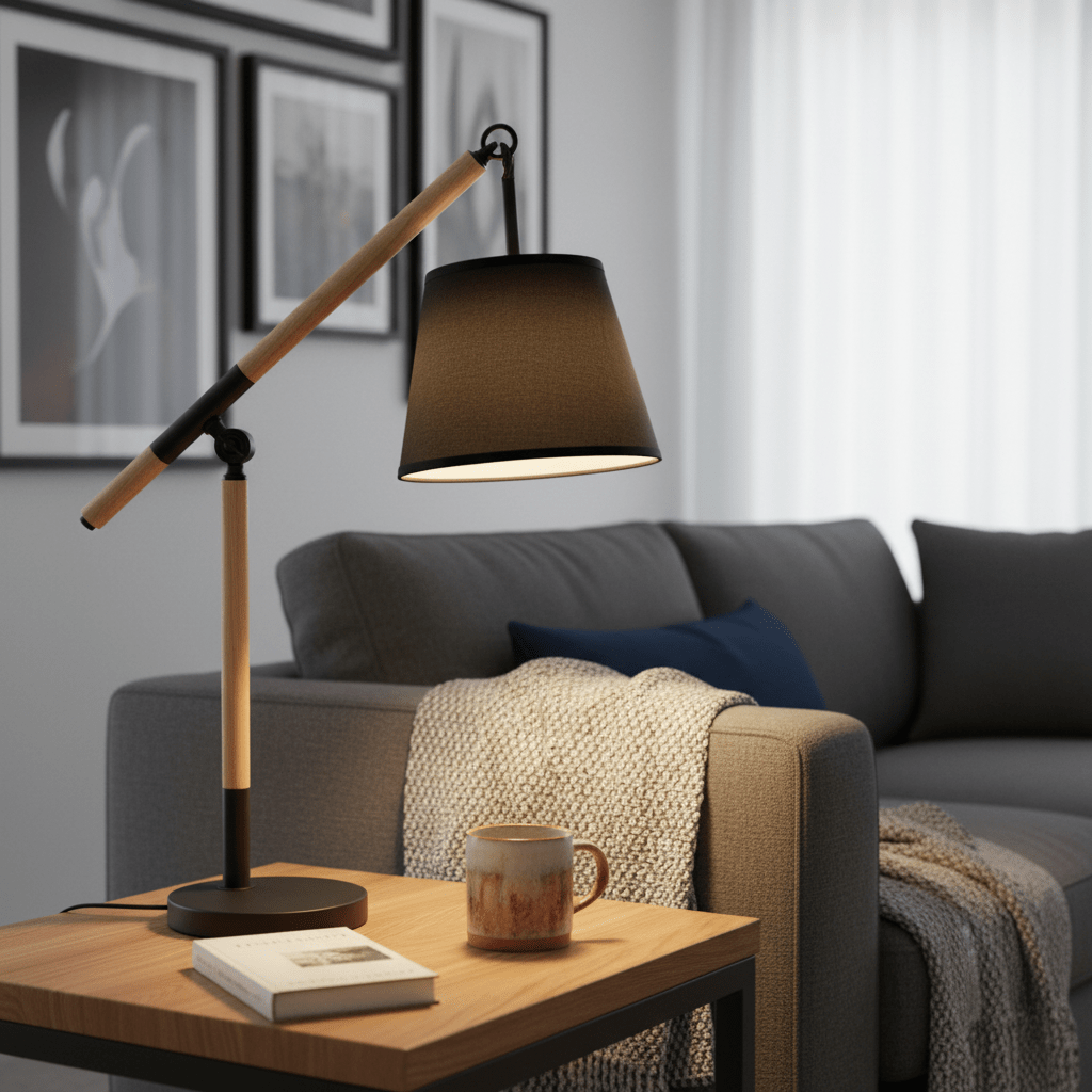 Modern black and wood table lamp on a wooden side table next to a cozy sofa with a blanket and coffee mug.