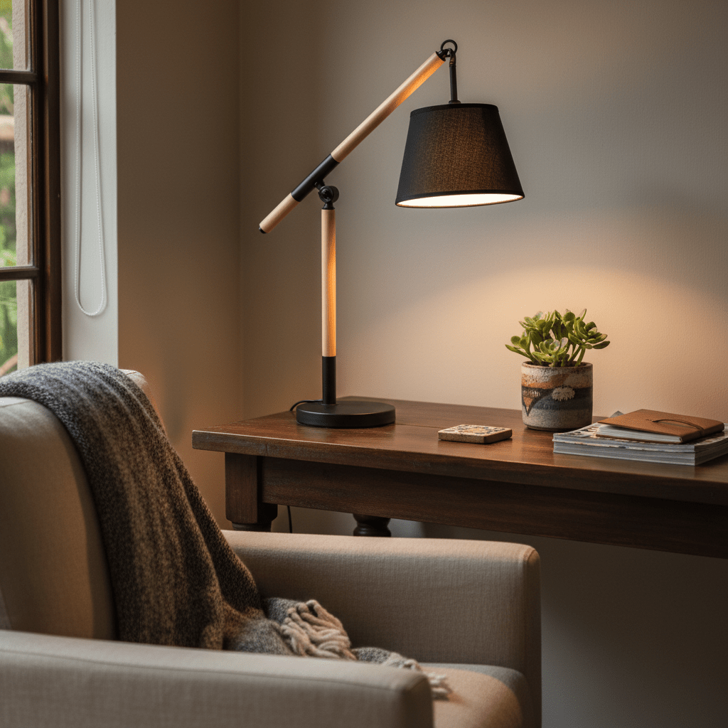 Modern black and wood table lamp on a wooden desk beside a cozy armchair, with a plant and books nearby.