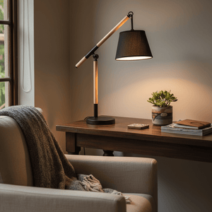 Modern black and wood table lamp on a wooden desk beside a cozy armchair, with a plant and books nearby.