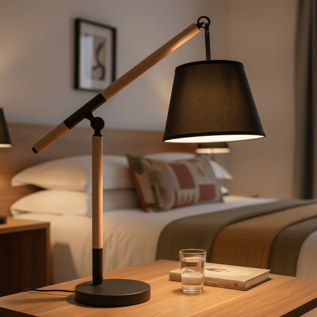 Modern black and wood table lamp on a bedside table, illuminating a cozy bedroom scene.