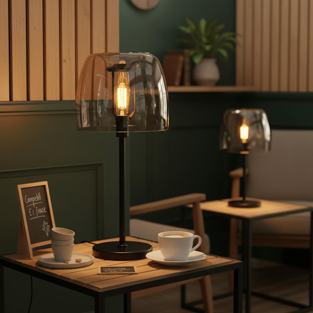 Campbell Cognac Table Lamp on a wooden side table with a cup and snacks, creating a cozy ambiance.