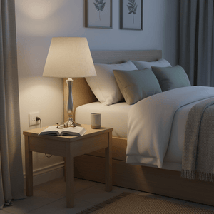 Satin chrome table lamp with hessian shade on wooden nightstand beside a bed with white bedding