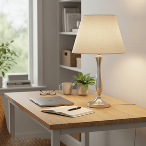 Satin Chrome, Hessian Shade Table Lamp