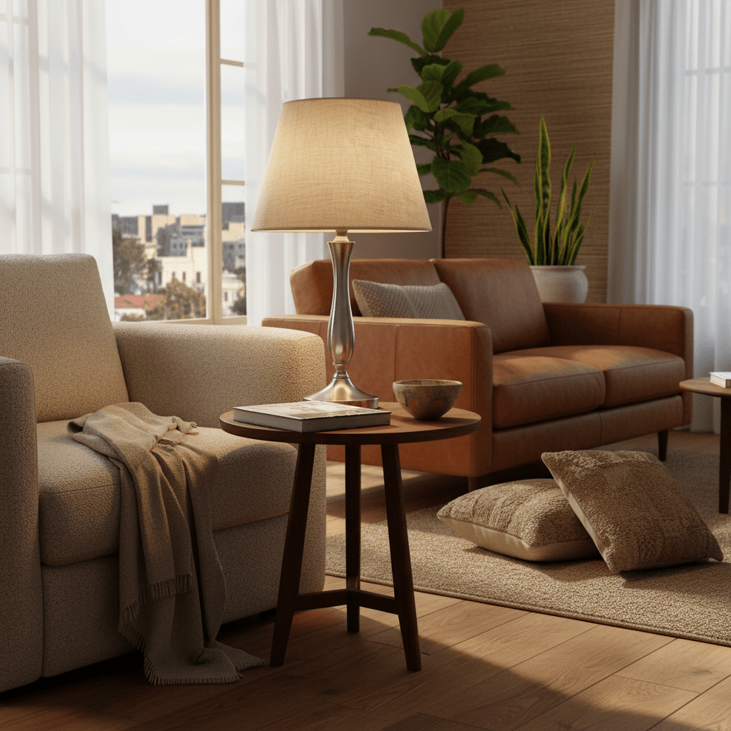 Satin Chrome, Hessian Shade Table Lamp