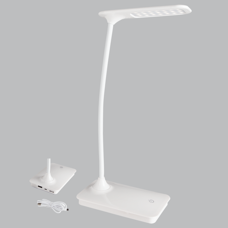 White LED desk lamp with flexible arm and USB charging port, shown with power cable.