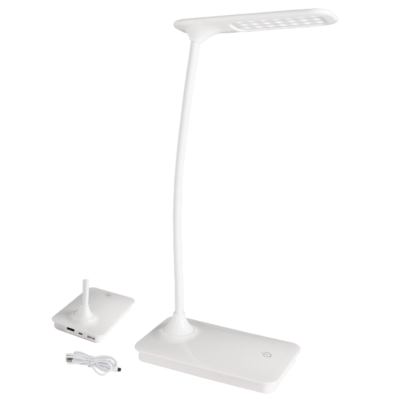 White LED desk lamp with USB cable on a gray background