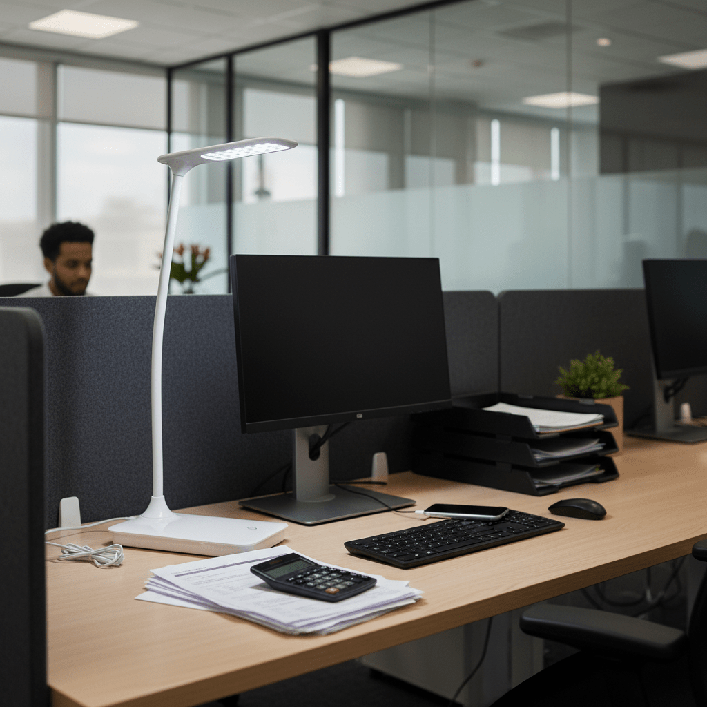 White LED desk lamp with flexible arm positioned on an office desk beside a monitor, keyboard, and documents.