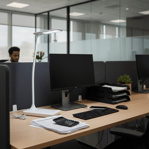 White LED desk lamp with flexible arm positioned on an office desk beside a monitor, keyboard, and documents.