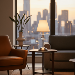 A satin chrome and clear acrylic table lamp with a white shade sits on a wooden side table beside a brown armchair.