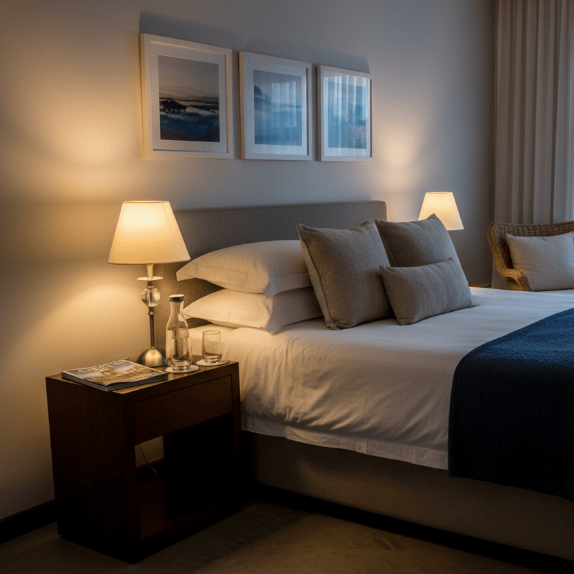 A bed with white linens and gray pillows, a blue throw, a wooden nightstand, and two lamps in a softly lit room.