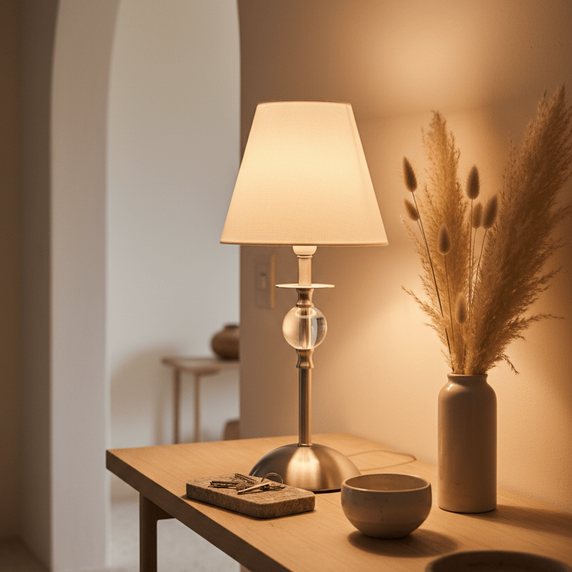 A satin chrome table lamp with a white shade sits on a wooden table alongside decorative bowls and dried flowers.