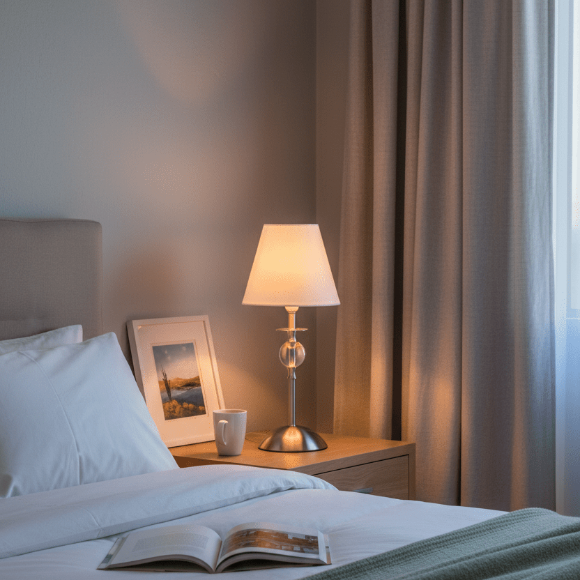 A satin chrome and clear acrylic table lamp with a white shade sits on a wooden nightstand beside a bed with white linens and a green throw.