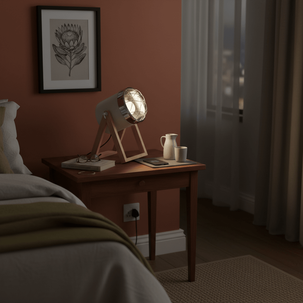 Stylish table lamp on a bedside table with glasses, a book, and a pitcher, creating a cozy atmosphere.