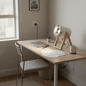 A stylish table lamp on a wooden desk with a laptop, papers, and a coffee cup, creating a modern workspace.
