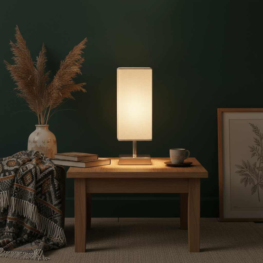 Satin chrome table lamp with beige shade on a wooden table, surrounded by books, a cup, and a decorative vase.