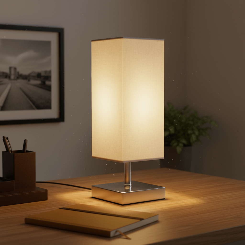 Satin chrome table lamp with beige shade illuminating a wooden desk, surrounded by stationery and a plant.