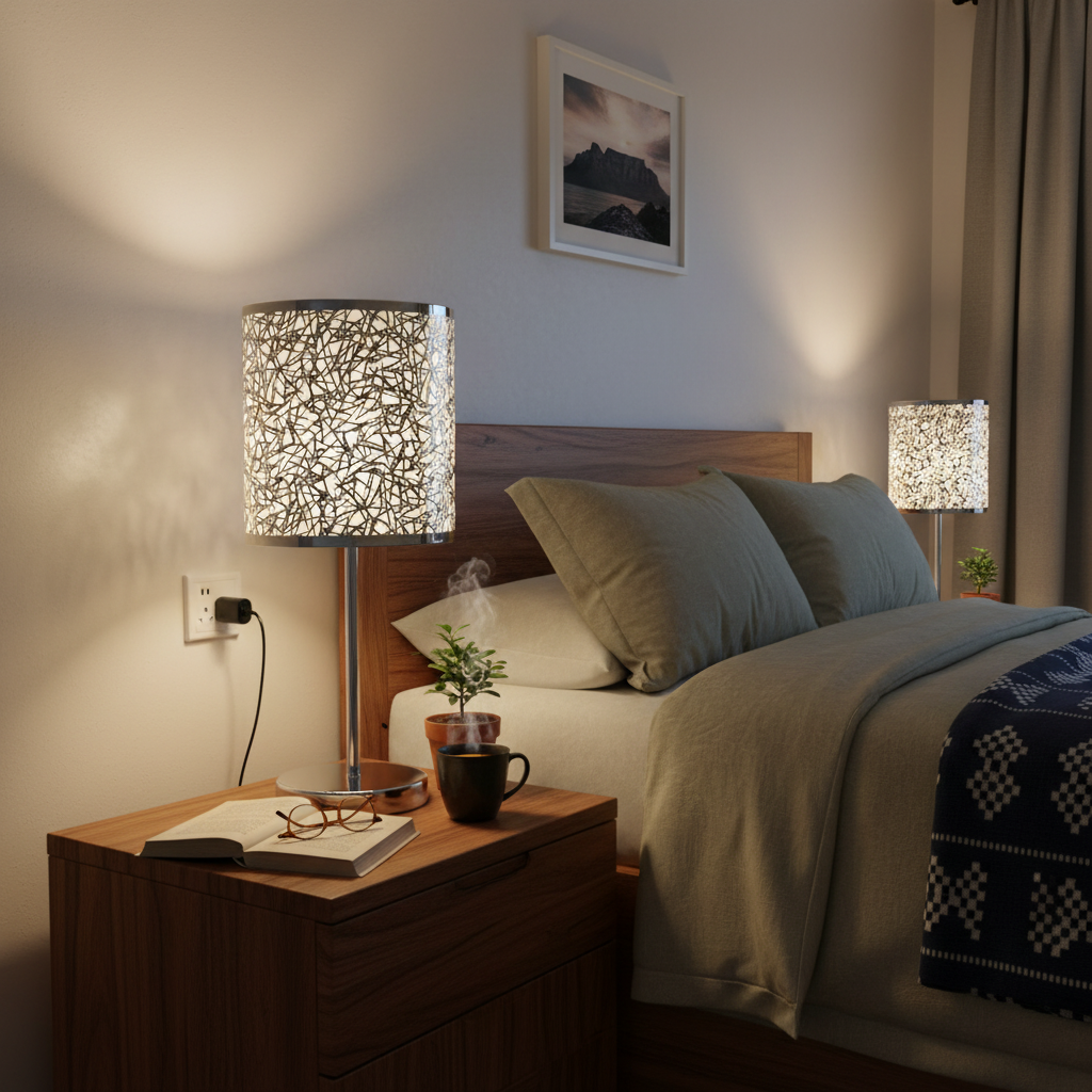 Polished Chrome Table Lamp with Silver Patterned Shade