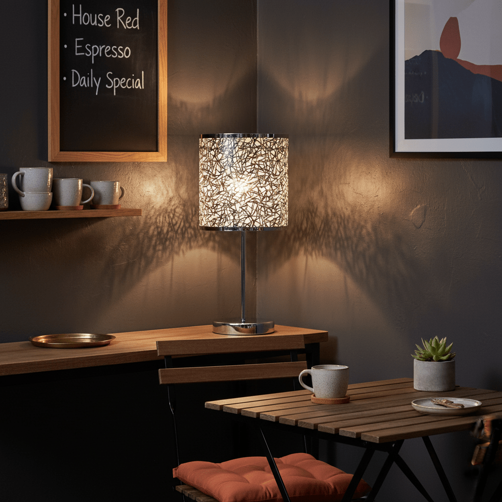 Polished chrome table lamp with a silver patterned shade casting intricate shadows in a cozy indoor setting.