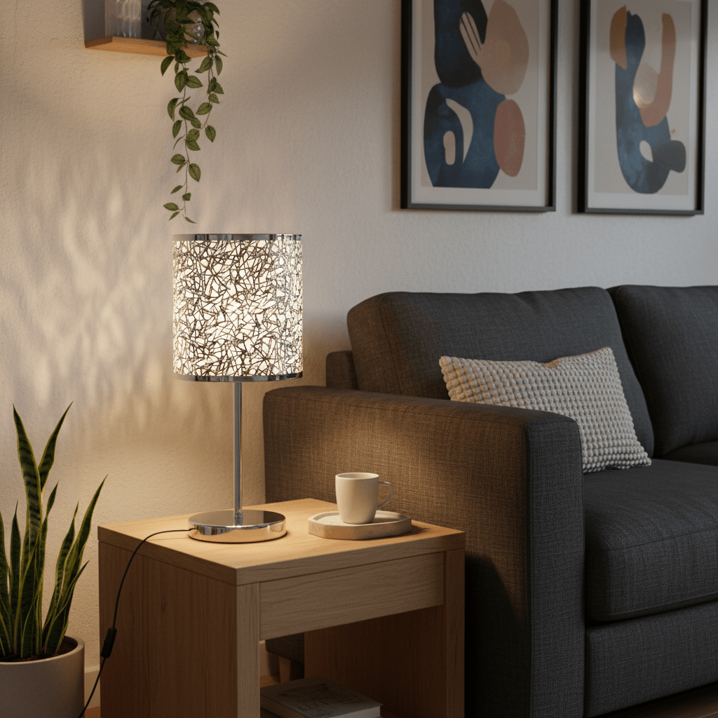 Polished chrome table lamp with a silver patterned shade on a wooden side table next to a grey couch.