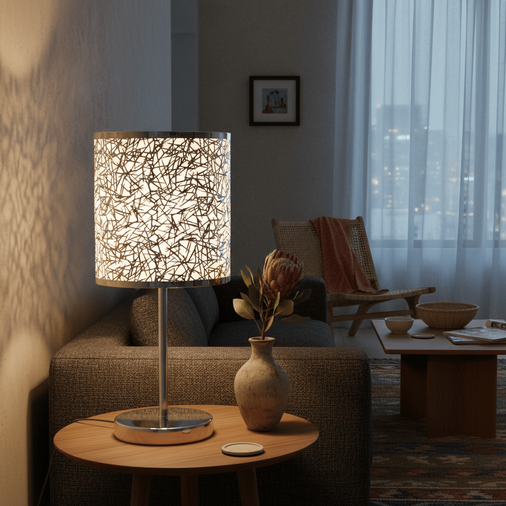 Polished chrome table lamp with silver patterned shade on a wooden side table, illuminating a cozy living room scene.
